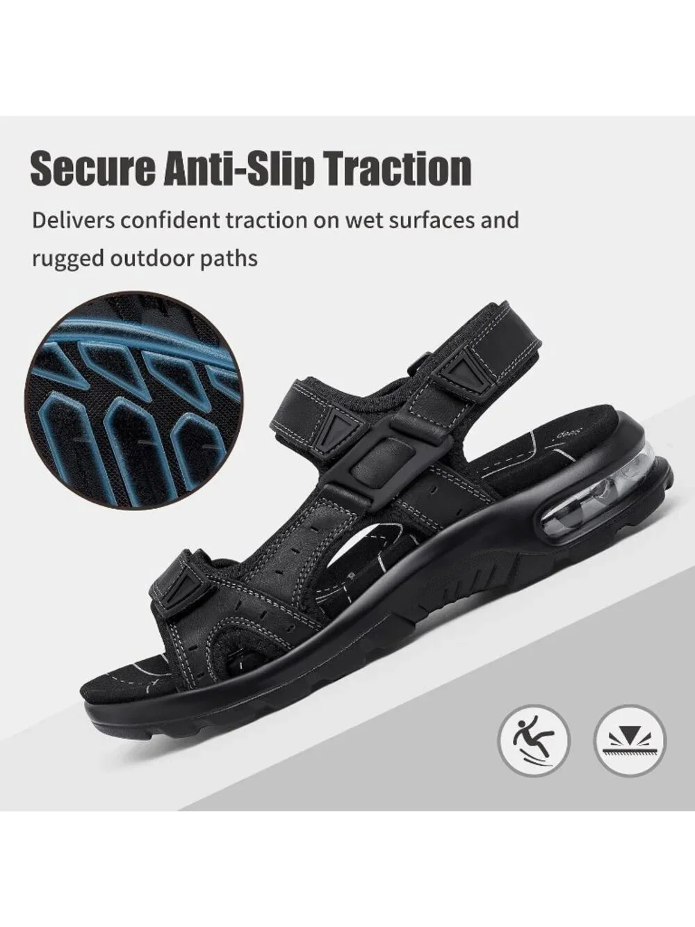 Men All Black Arch Support Outdoor Non Slip Athletic Durable Hiking Sandal Shoes